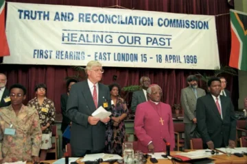 Truth and Reconciliation Commission, South Africa Members of South Africa's Truth and Reconciliation Commission—including Dr. Alex Boraine (second from left), deputy chair; Archbishop Desmond Tutu (centre), chair; and Rev. Bongani Finca (right), commissioner—at the commission's first hearing, April 1996, East London, S.Af. Benny Gool—Oryx Media/Desmond Tutu Peace Centre